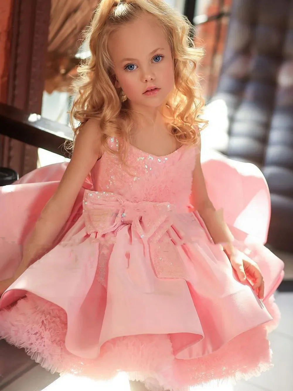 Sequins Knee Length Kids Little Bride Evening Party First Communion Ball Gowns Pink Satin Flower Girl Dresses for Weddings