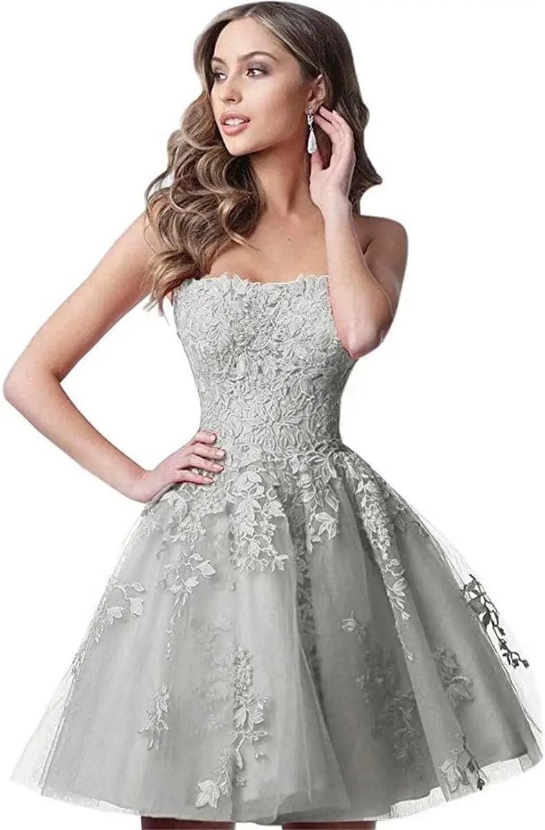 Spitzen-Heimkehrkleider, kurz, A-Linie, trägerlos, formelle Cocktailparty-Kleider, Abschlussballkleid, Ballkleider, Minikleid 
