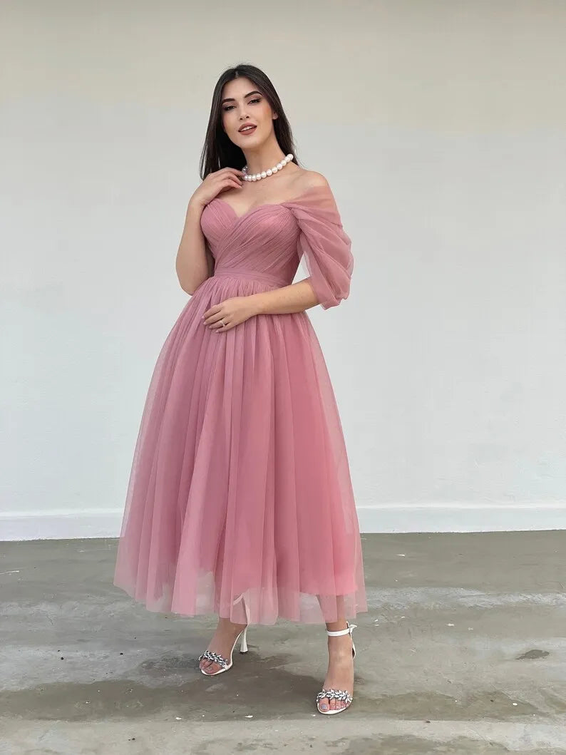 Tulle Sweetheart A-line Evening Dresses Off the Shoulder Tea-Length Formal Dress With Pleats & Bow Elegant Lace Up Prom Gowns