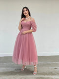 Tulle Sweetheart A-line Evening Dresses Off the Shoulder Tea-Length Formal Dress With Pleats & Bow Elegant Lace Up Prom Gowns