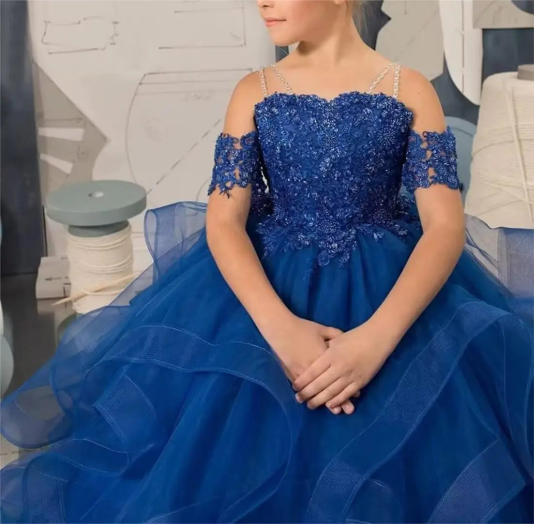 Vestidos de desfile de princesas para niñas de flores 2026 con encaje bordado, tallas grandes, tul en capas, vestidos de primera comunión para niñas. 