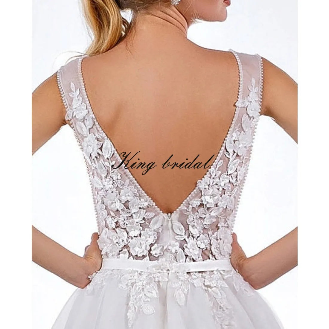 Vestido de novia de corte A con encaje floral, vestido de novia de tul, vestido de novia de espalda baja, bordado con cristales y perlas, vestido personalizado 