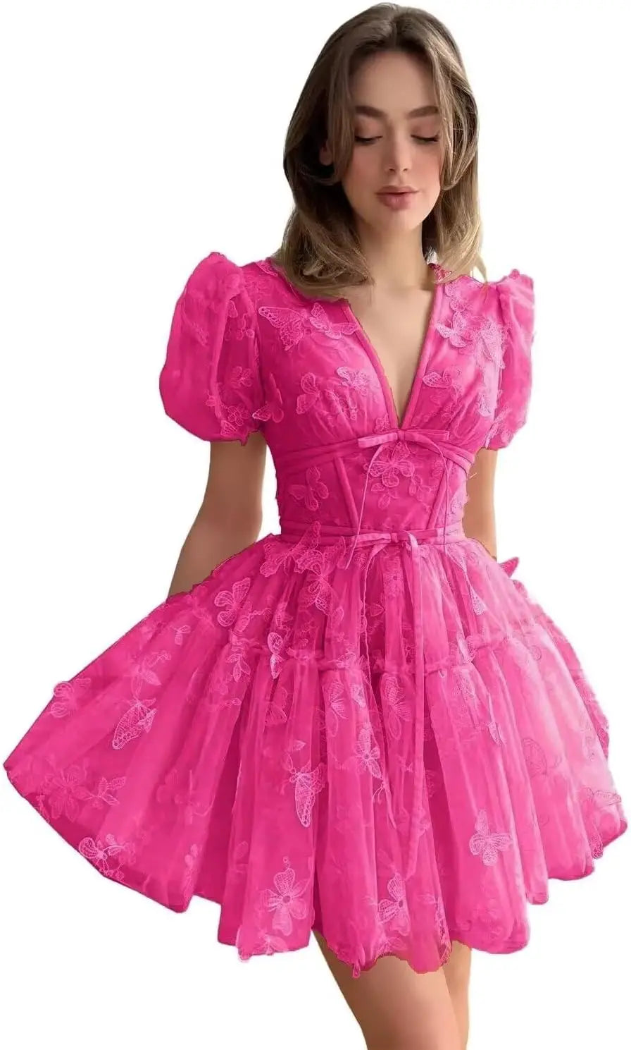 3D Butterfly Tulle Homecoming Dresses for Teens A-Line Short Sleeve Prom Cocktail Dress with Butterfly Appliques
