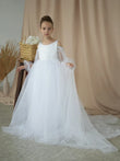 White Tulle Appliques With Bow Pearls Long Sleeve For Wedding Birthday Party Holy Communion Gowns Flower Girl Dresses