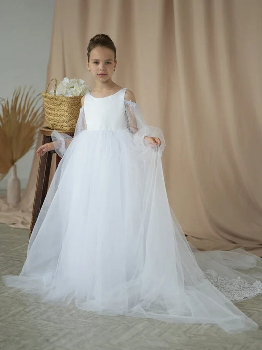 White Tulle Appliques With Bow Pearls Long Sleeve For Wedding Birthday Party Holy Communion Gowns Flower Girl Dresses