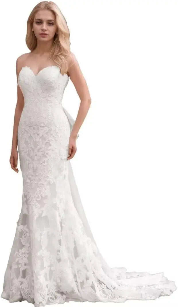 Brautkleider für die Braut Langes Spitzenapplikations-Tüll-Brautkleid Boho-Strandhochzeitskleid weißes Kleid Maßgeschneiderte Brautkleider 