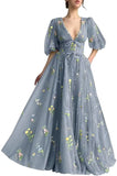 Women's Long Sleeve Flower Embroidery Tulle Prom Dresses Maxi A Line V Neck Fairy Formal Evening Party Gown Bridesmaid Dresses