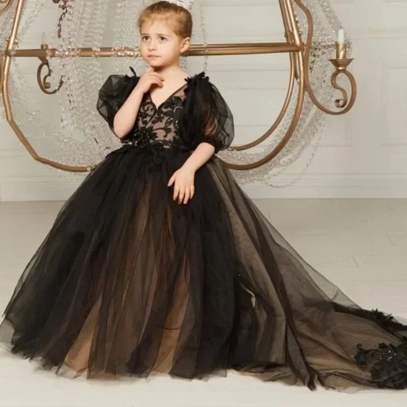 Vestidos de fiesta de primera comunión, vestido de princesa para niña de las flores para boda, apliques de encaje de tul, largo hasta el suelo, para bebés y niños, fiesta de cumpleaños 