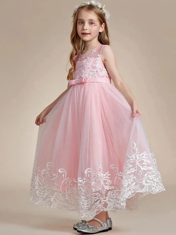 Pink Sequin White Appliques With Bow Sleeveless For Wedding Birthday Party Holy Communion Gowns Flower Girl Dresses