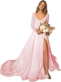 Glitter Prom Dresses Simple Long Sleeve Wedding Dresses for Bride A Line Princess Ball Gown with Slit simple wedding dress