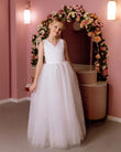 Tüllschleife Satin Blumenmädchenkleid Brautkleider Heilige Kommunion Elfenbeinkleid mit Perlen Mädchen Partykleid Prinzessin Ballkleid 