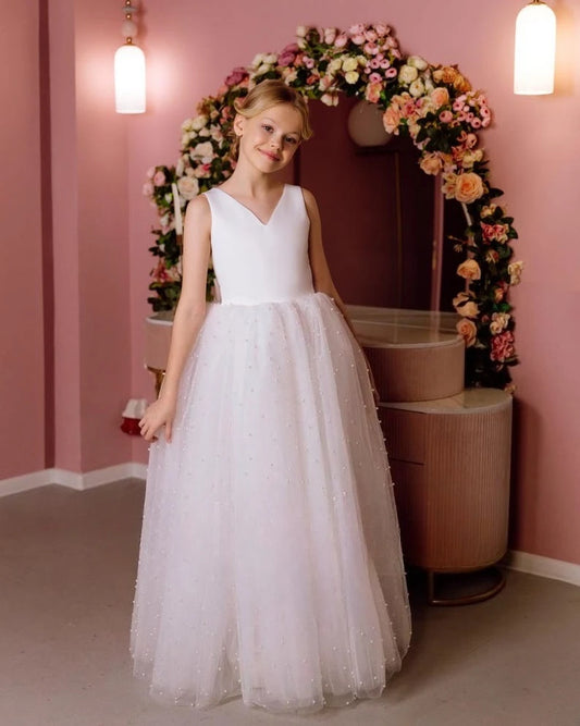 Vestido de niña de flores de satén con lazo de tul, vestido de novia, vestido de primera comunión color marfil con perlas, vestido de fiesta para niña, vestido de princesa 