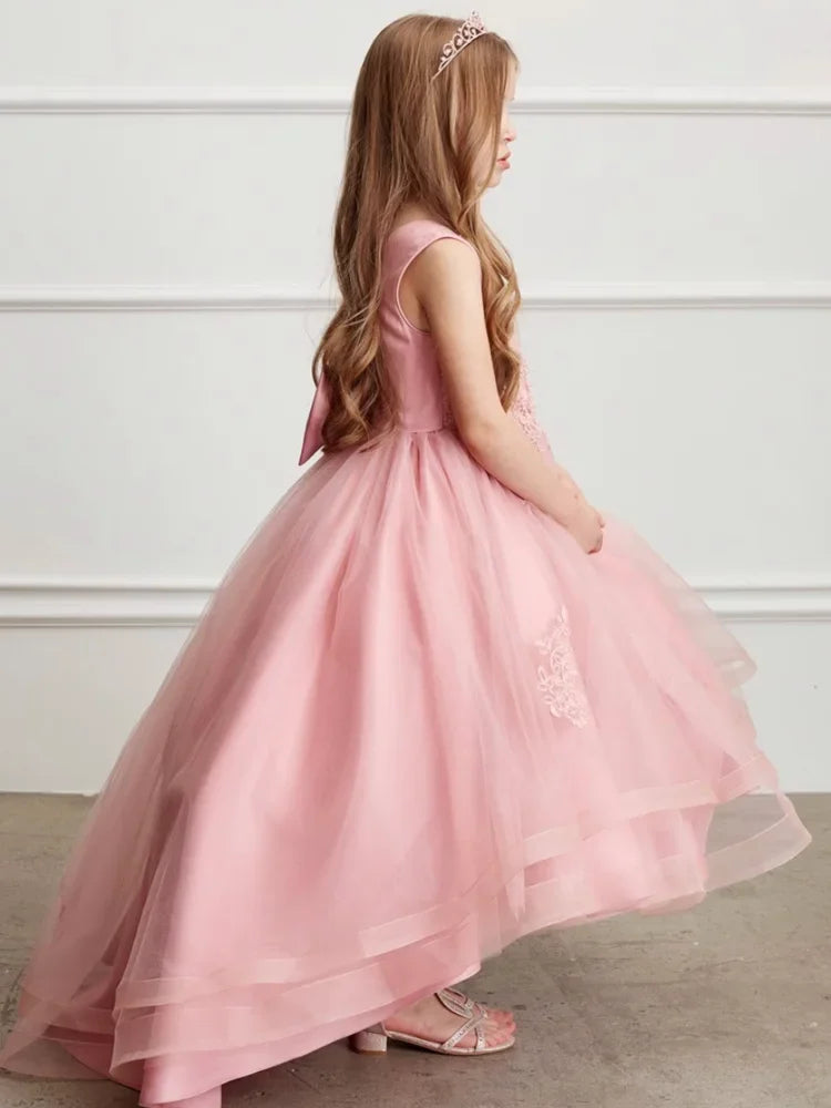 Vestidos de primera comunión para cumpleaños, vestidos de niña de las flores con apliques de flores de tul rosa y lazo, falda alta y baja sin mangas para boda 