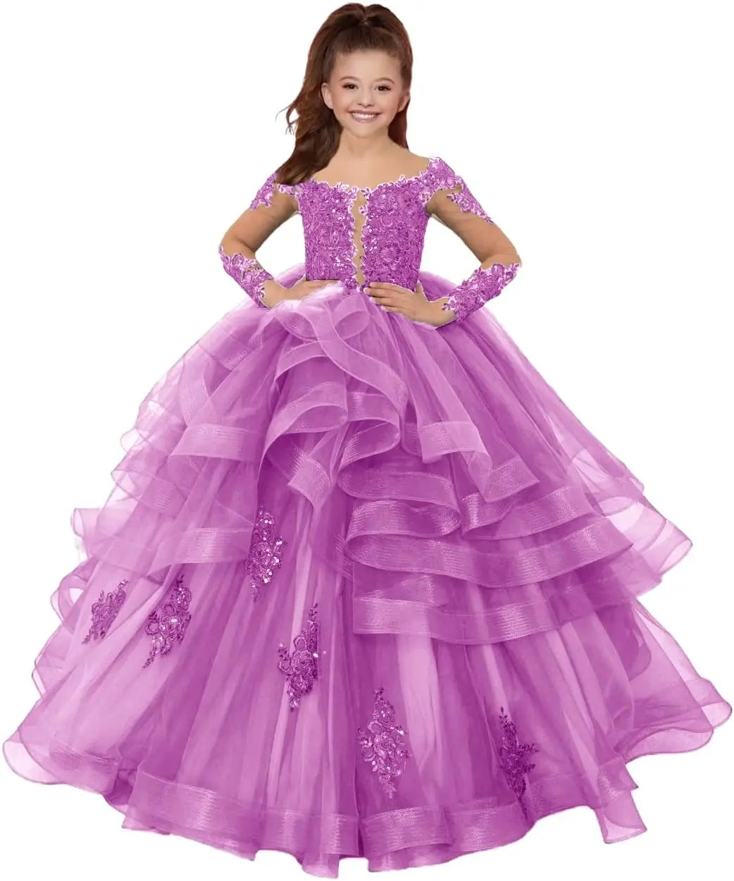Custom made Princess Long Sleeve Flower Girl Dresses Appliques Ruffles Tulle Pageant Dresses for Girls Kids Party Ball Gowns