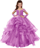 Custom made Princess Long Sleeve Flower Girl Dresses Appliques Ruffles Tulle Pageant Dresses for Girls Kids Party Ball Gowns