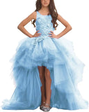 Blumenmädchenkleid für Mädchen, hoch und niedrig, Festzugskleider, gestufte Tüllapplikationen, Prinzessin, formelle Party, Ballkleid, Festzug für Mädchen 