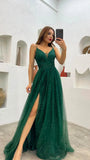 2025 Sparkly Tulle Formal Prom Dress Pleated A-Line Ball Gown with Spaghetti Straps Slit for Women Evening Dresses