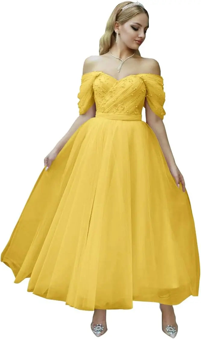 Vestido de fiesta de tul hasta la rodilla con hombros descubiertos para mujer, escote corazón, cuentas, abullonado, estilo princesa adolescente. 