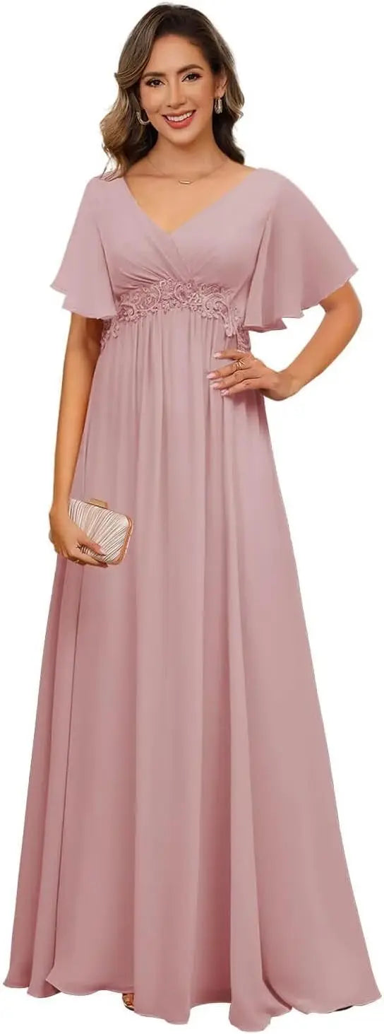 Plus Size Short Sleeves Mother of The Bride Dresses for Curvy Women V Neck Formal Dresses with Pockets Bridesmaid Dress Gowns