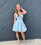 Fashion Tiered Homecoming Dresses Ruffle Tulle Mini Dresses Elegant V Neck Short Prom Dresses graduation dress