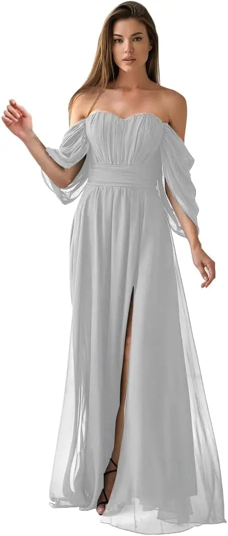 Vestido de dama de honor de talla grande con hombros descubiertos, de gasa, formal, con abertura, elegante, para invitada de boda 