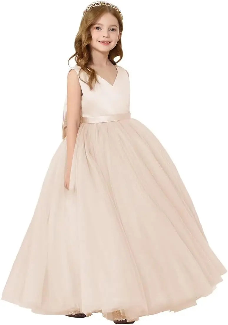 Satin Tulle Flower Girl Tutu Dress for Wedding Formal Holiday First Communion Dress with Bow pageant princess dresses for girls