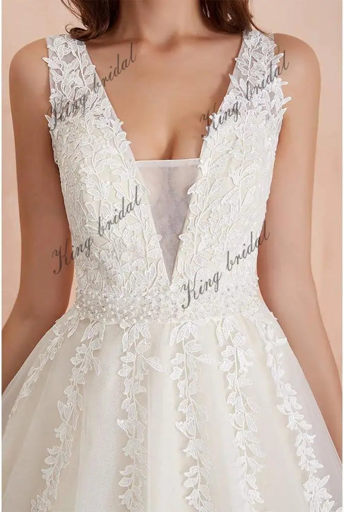 Women's Tulle Floor Length A Line Wedding Dress for Bride Lace Applique Evening Dress V Neck Straps Ball Gowns