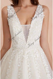 Women's Tulle Floor Length A Line Wedding Dress for Bride Lace Applique Evening Dress V Neck Straps Ball Gowns