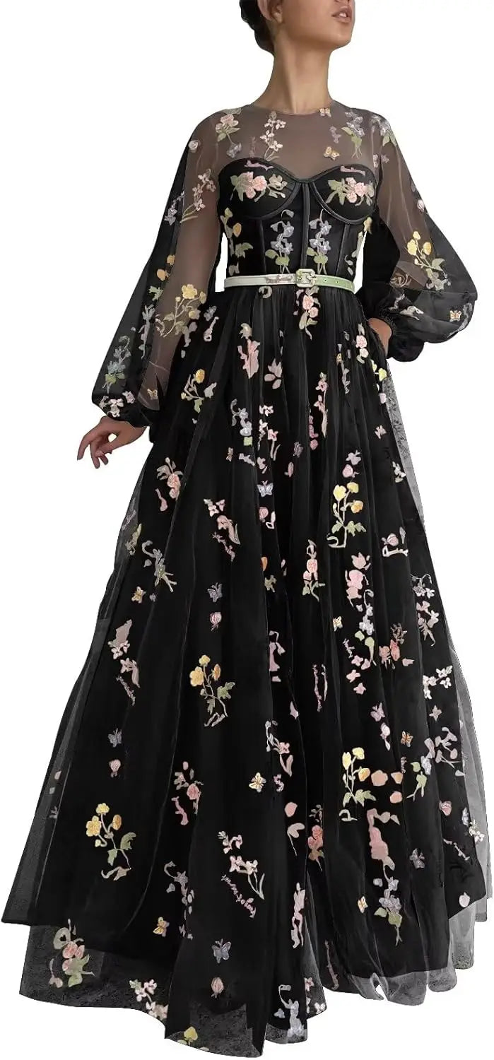 Women's Puffy Sleeve Tulle Prom Dresses Flower Embroidery Long Formal Evening Party Gowns with Pockets