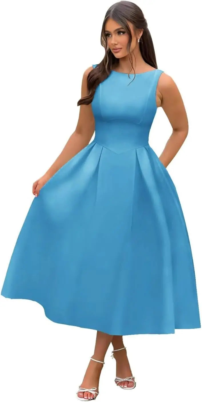Boat Neck Satin Midi Prom Dresses Tea Length Scoop Back A Line Formal Boat Neck Satin Midi Prom Dresses Tea Length Scoop Back A Line Formal