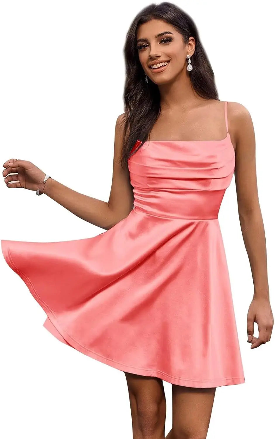 Satin Homecoming Kleider Kurze Spaghettiträger Ballkleid Wasserfallausschnitt A-Linie Cocktail Party Kleider Minikleid 