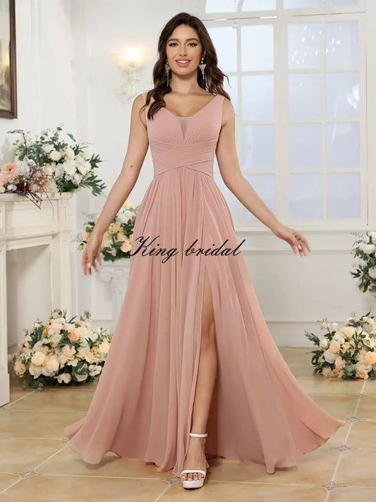 Custom Made Women's Simple Chiffon Bridesmaid Dresses with Pockets Long V Neck Formal Evening Prom Gowns Dresses with Slit