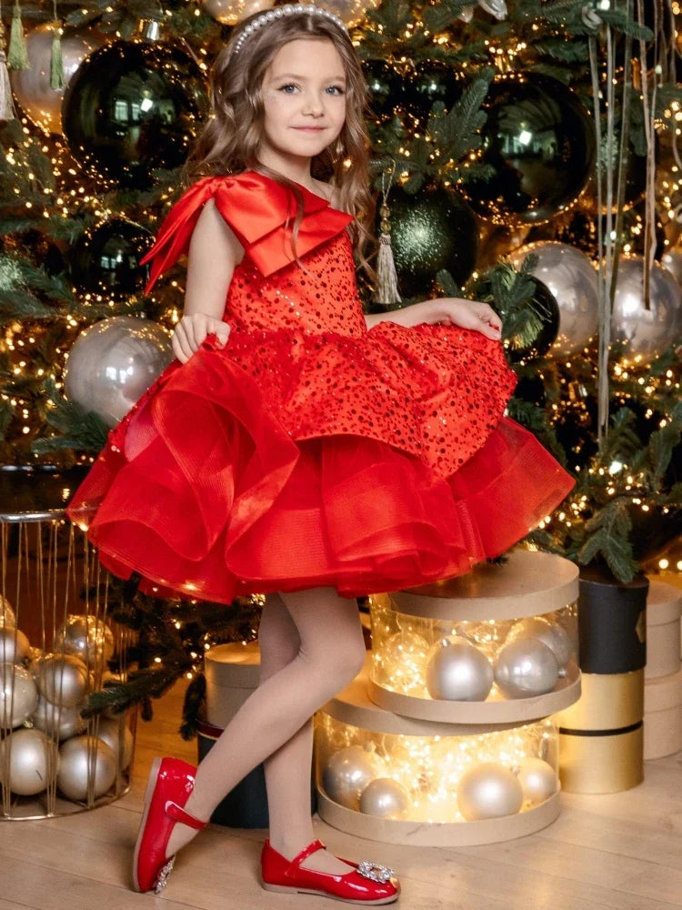 Pink Tulle Sequin With Bow Sleeveless For Wedding Prom Birthday Party Banquet Holy Communion Gown Customized Flower Girl Dress