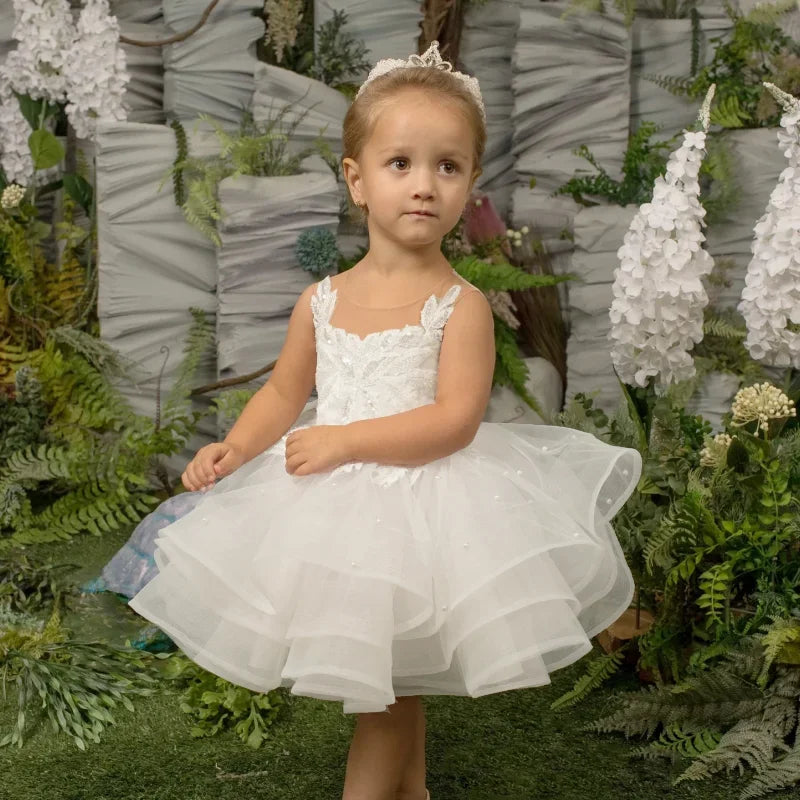 Vestidos de tul rosa claro con estampado floral escalonado sin mangas para bodas, fiestas de cumpleaños, primera comunión, vestidos para niñas de las flores 