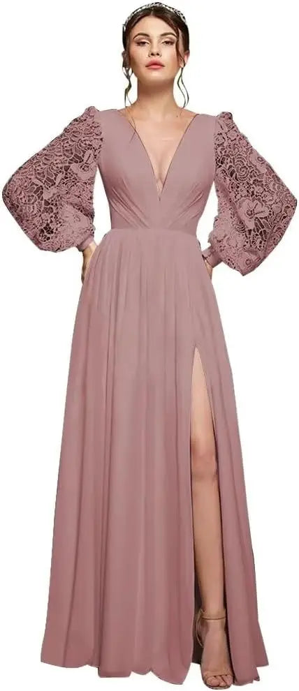 Langärmliges Brautjungfernkleid, Chiffon, Ballkleid, langes Hochzeitskleid mit Spitzenapplikation, V-Ausschnitt, formelle Kleider mit Schlitz 
