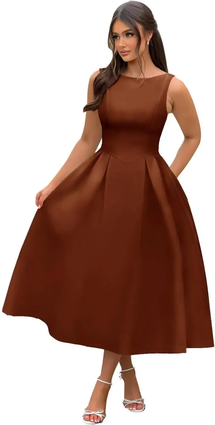 Boat Neck Satin Midi Prom Dresses Tea Length Scoop Back A Line Formal Boat Neck Satin Midi Prom Dresses Tea Length Scoop Back A Line Formal