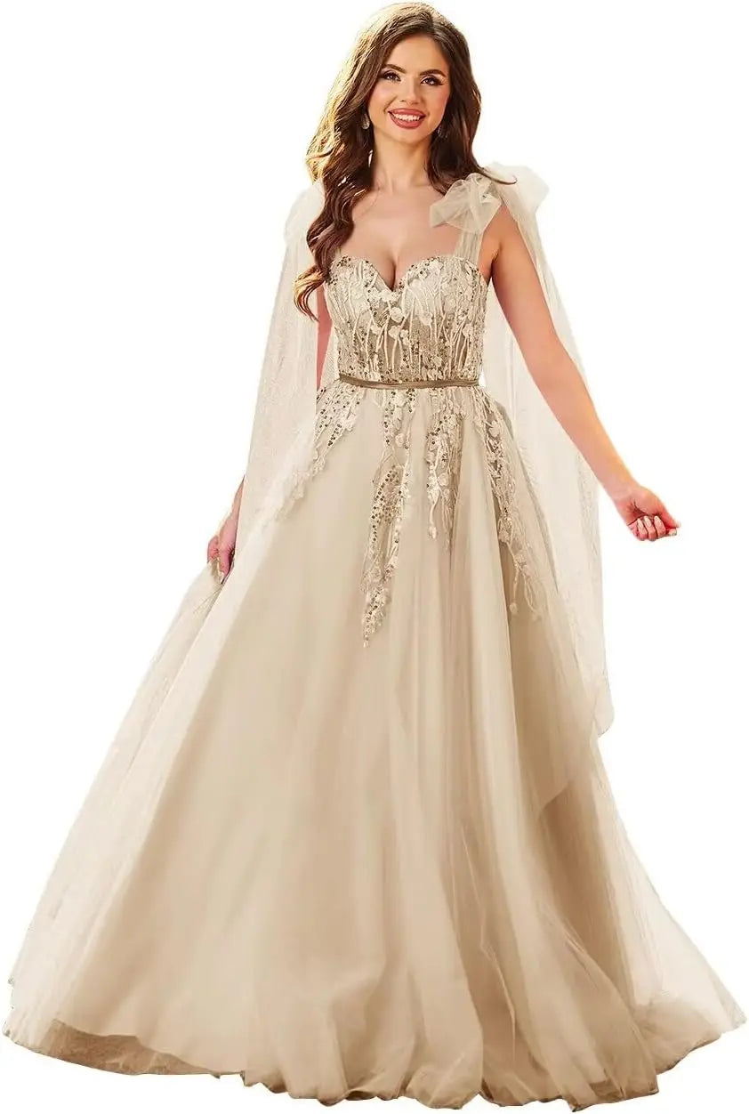 Vestidos de fiesta de tul con apliques de encaje para mujer, tirantes finos ajustables, vestidos de gala largos de corte A, vestidos de noche, vestidos de fiesta 