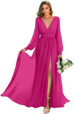 Long Sleeve Bridesmaid Dresses with Slit Pleated Wedding Party Gowns V Neck Chiffon Long Formal Dress evening dress
