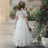 Vestido de niña de flores de encaje color marfil rústico Vestido de primera comunión Vestidos de niña Vestidos de fiesta de boda bohemios con mangas cortas 