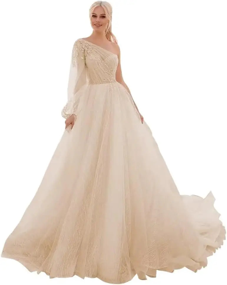 One Shoulder Appliques Tulle Prom Dresses Glitter Ball Gown Wedding Dress Princess Formal Gown