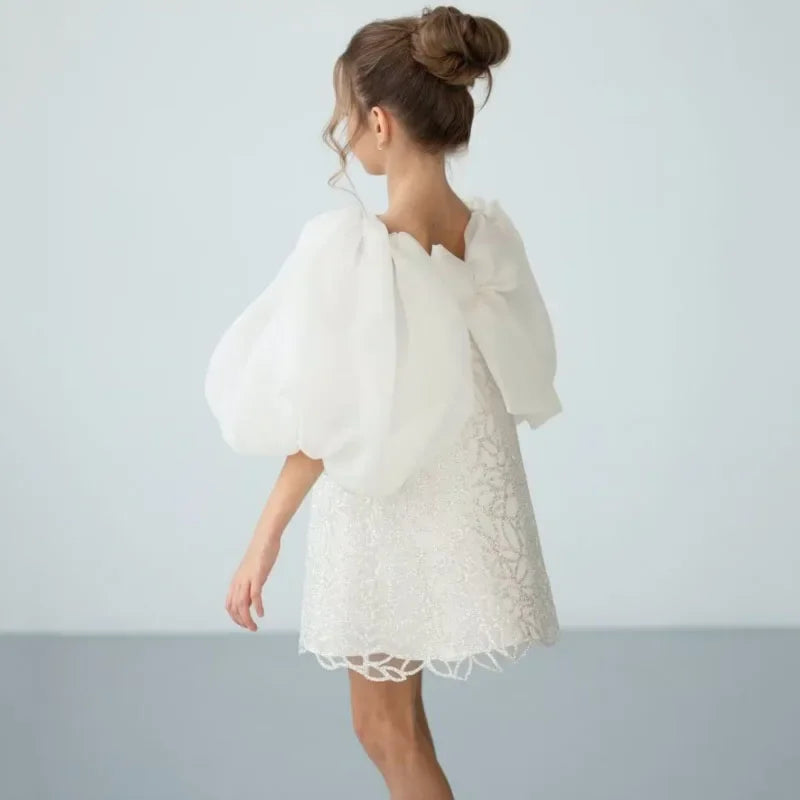 Vestidos de niña de las flores personalizados con bordado floral blanco y lazo de manga corta para bodas, cumpleaños, banquetes, primera comunión. 