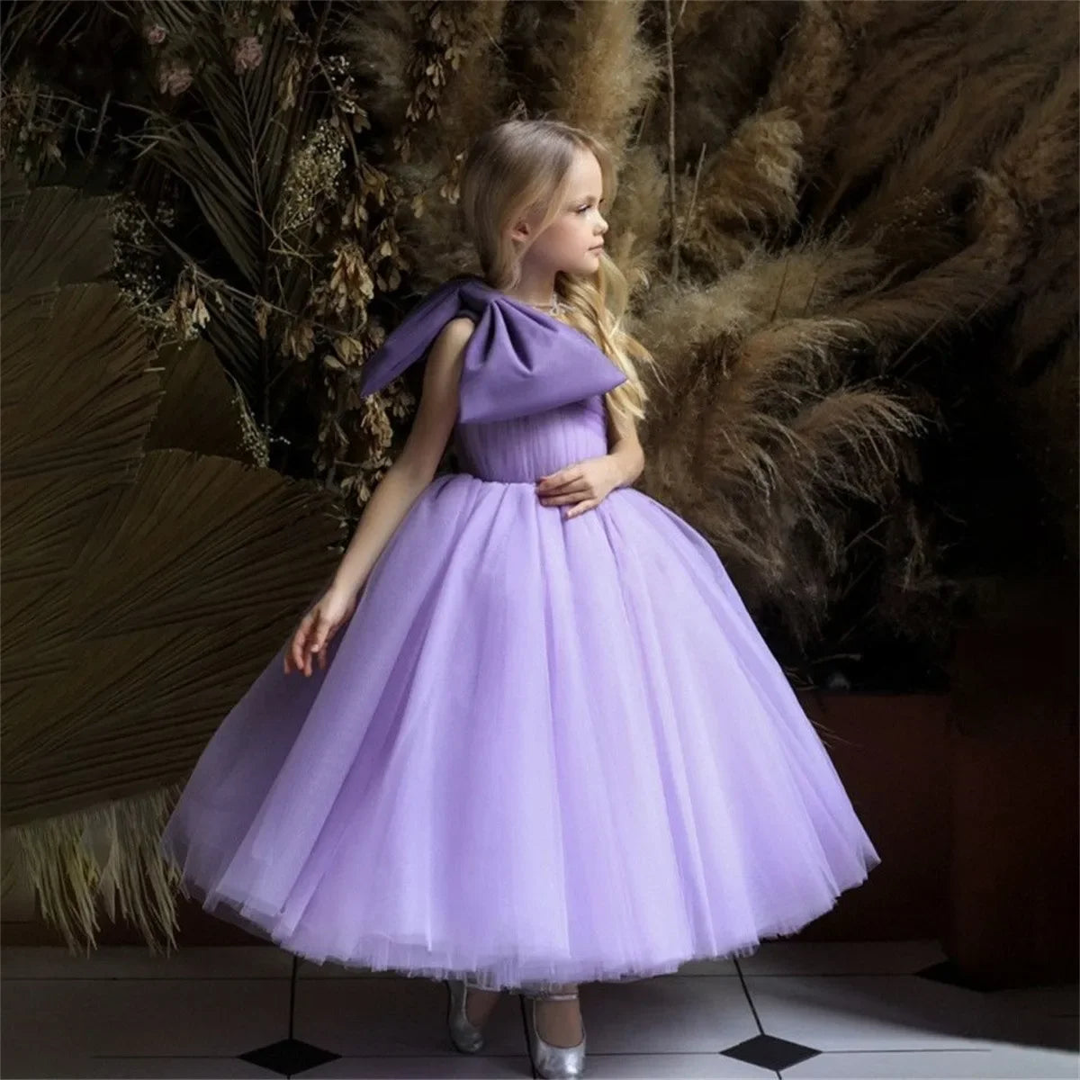 With Bow Tulle Ribbon Tea Length Girl Kids Birthday Party First Holy Communion Gowns Elegant Flower Girl Dresses for Wedding