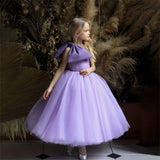 With Bow Tulle Ribbon Tea Length Girl Kids Birthday Party First Holy Communion Gowns Elegant Flower Girl Dresses for Wedding