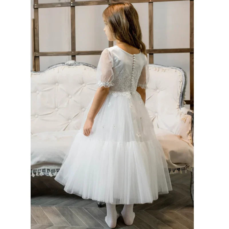 Apliques de flores de tul blanco de manga corta para bodas, fiestas de cumpleaños, comuniones y niñas de las flores. 