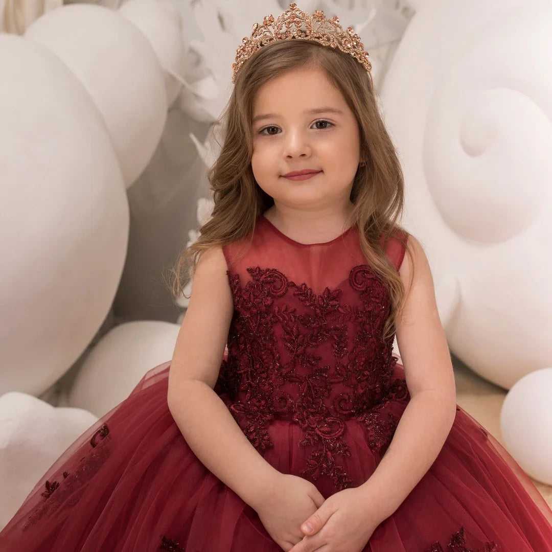 Burgundy Tulle Puffy Floral Appliques Sleeveless For Wedding Party Birthday Banquet Princess Gown Customized Flower Girl Dresse
