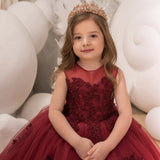 Burgundy Tulle Puffy Floral Appliques Sleeveless For Wedding Party Birthday Banquet Princess Gown Customized Flower Girl Dresse