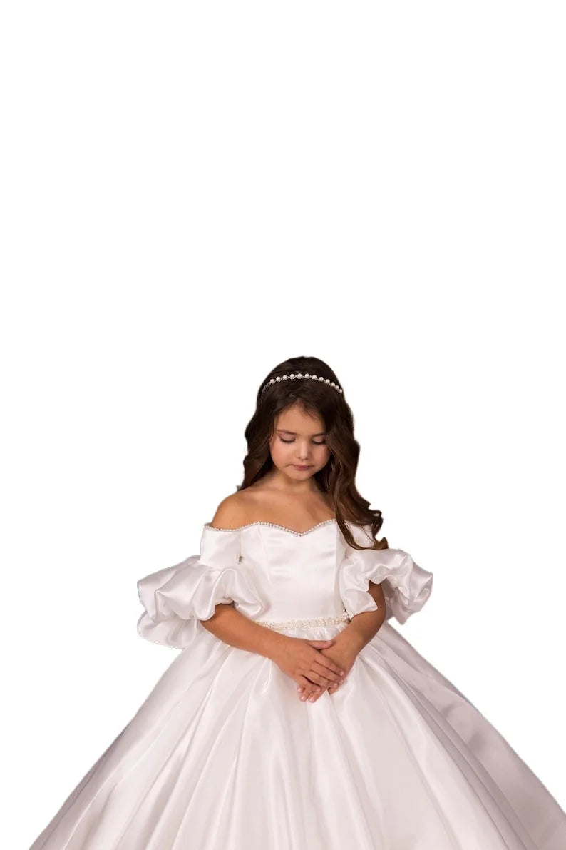 Custom made Tulle flower Lace flower girl dress Ivory flower girl dresses First communion gown Junior bridesmaid princess gowns