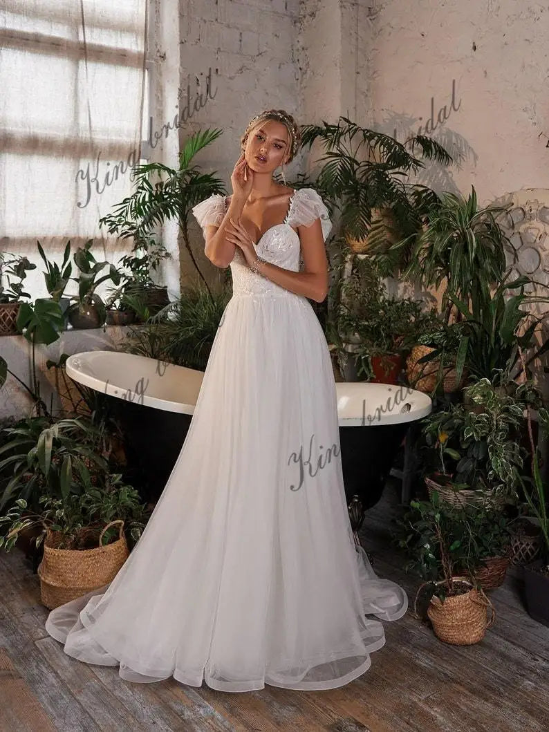 A-line Tulle Off Shoulders Wedding Dress Lace Wedding Gown Luxury Beaded Bridal Gown Ruffle Straps Corset Dress Heart