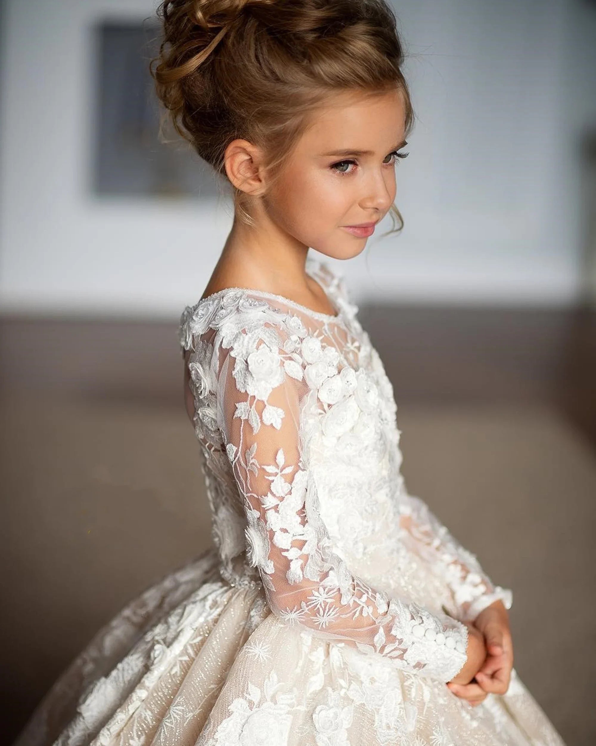 Apliques de encaje floral largo hasta el suelo, vestido de princesa para fiesta de cumpleaños infantil, comunión, vestidos blancos para niña de las flores para boda 