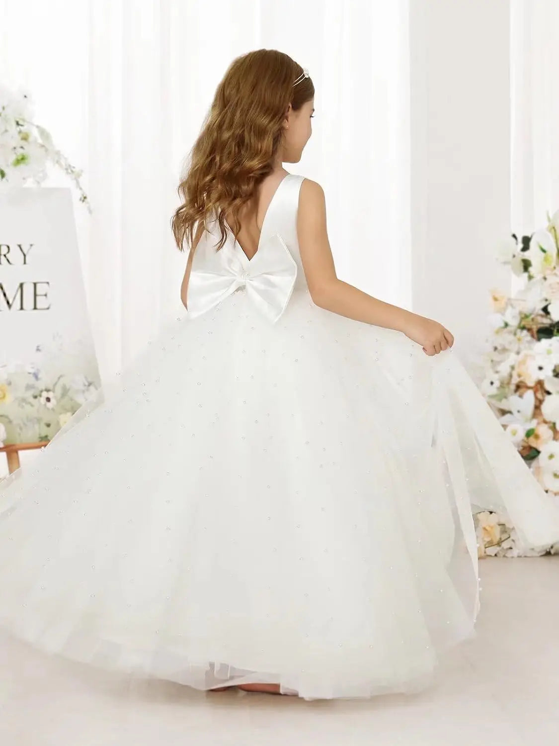 Elegant Flower Girl Dress Satin Tulle Princess Pageant Dresses for Girls Pearl Beads Wedding Maxi Gown girls party dress